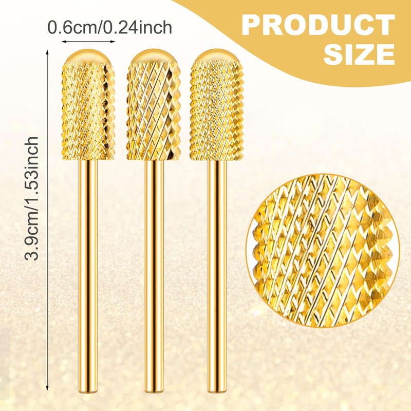 Telooco 3Pcs Gold Safety Nail Drill Bits Round Head Barrel