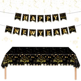 GreenYeah New Year's Eve Tablecloth, Happy New Year Tablecloths 2025, Happy New Year Banner, 2025 New Year Tablecloths, Black and Gold Party Tablecloth for Rectangle Table 137 x 274 cm (A)