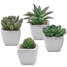 MyGift Juego de 4 Mini macetas con suculentas Artificiales, Las macetas Son cuadradas y están Hechas de cerámica en Color Blanco