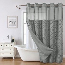 eachope Grey No Hook Shower Curtain and Fabric Liner Set, Boho Tufted Chevron Striped and Shabby Chic Textured Shower Curtain with a See-Through Top Window, Hotel Décor, 71" W x 77" H
