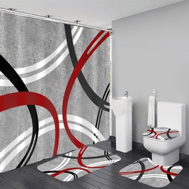 AZHM Abstract Geometric Pattern Shower Curtain Set, 4pcs Fashionable Gray Bathroom Decoration Curtains with 12 Hooks