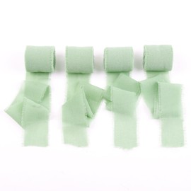 AOOWU 4PC Schleifenband Eukalyptusgrün, 3.8 cm x 5M Geschenkband Chiffon Seidenband Hochzeit Dekoband Taufe Festival Bänder Chiffonband Fransen