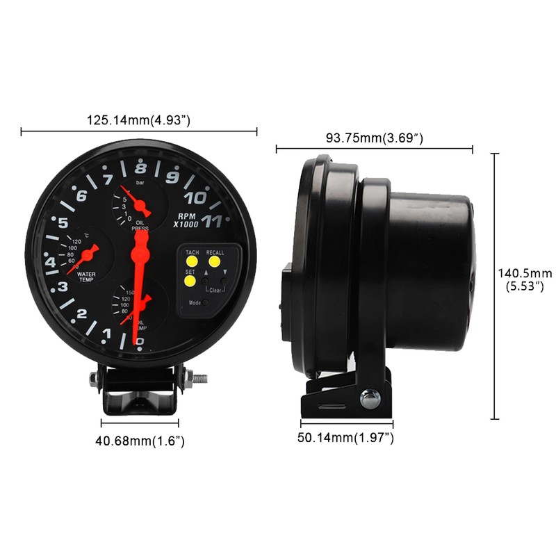 Riloer 5-Inch Multifunctional Tachometer, Oil Press Water Temp Oil Gauge