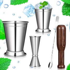 FoldTier Julep Cups Silver 5 Pcs Set, Stainless Steel Mint Julep Glasses, 12.8 Inch Cocktail Spoon, 1 oz 2 oz Double Whisk, Wooden Whisk for Mint Julep Cocktail Home Bar Party