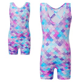 Haloumoning Girls Gymnastics Leotards with Shorts Kids One-Piece Sparkly Mermaid Dance Biketards Unitard 4-12Y