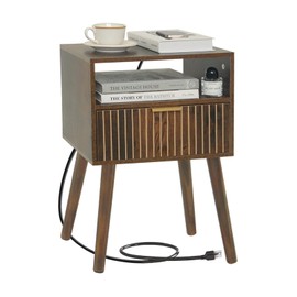 Mid Century Modern Nightstand with Charging Station, Wood Bedside Table with Drawer, Modern End Table for Bedroom and Small Spaces, Easy Assembly, Rustic Brown