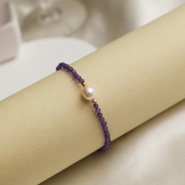 Gempires Amethyst Bracelet with Freshwater Pearl, Gemstone Beaded Bracelet, February Birthstone, Party Wear, 6.5 + 1 Inch 14k Gold Plated Adjustable Chain