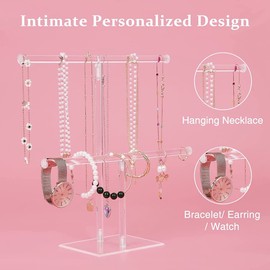 Dovhmoh Jewelry Stand Necklace Holder, Jewelry Display Holder, 2-Tier Necklace and Bracelet Hanging Organizer, Clear Tower Stand Acrylic Jewelry Stand for Display & Organization