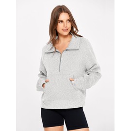 Glamaker Womens Sweatshirts Half Zip Pullover Fleece Cropped Comfort Fall Loose Outfits Fashion Long Sleeve Thumb Hole (Light Grey,Medium)