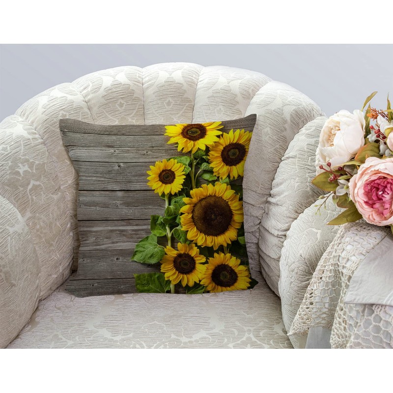 Tomda Sunflower on The Wooden Burlap Cushion Cover Throw Pillow