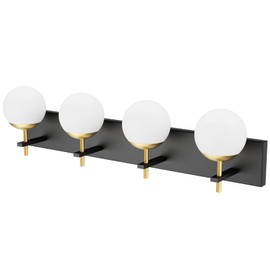 Ralbay Mid Century Modern Vanity Lights - 4-Light Milky Glass Globe Modern Bathroom Vanity Lights Over Mirror, Black/Golden Bathroom Wall Light Fixture