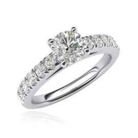 Women's Sterling Silver 1CT Classic 4-Prong Simulated Round Cut Diamond Solitaire Engagement Ring Large Side Stones (L)