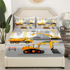 Loussiesd Excavator Fitted Sheet 90 x 200 cm Construction Vehicle Fitted Sheet Cartoon Vehicle Vehicle Print Bed Sheet for Children Boys Girls Soft Bed Sheet Set Breathable Grey Yellow
