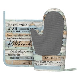 Boulda Farmhouse Oven Mitts and Pot Holders Kitchen Rules Oven Mitts Heat Resistant Kitchen Gloves Cotton Lining Waterproof Pot Holders 4 Piece Set for Cooking Baking Grilling