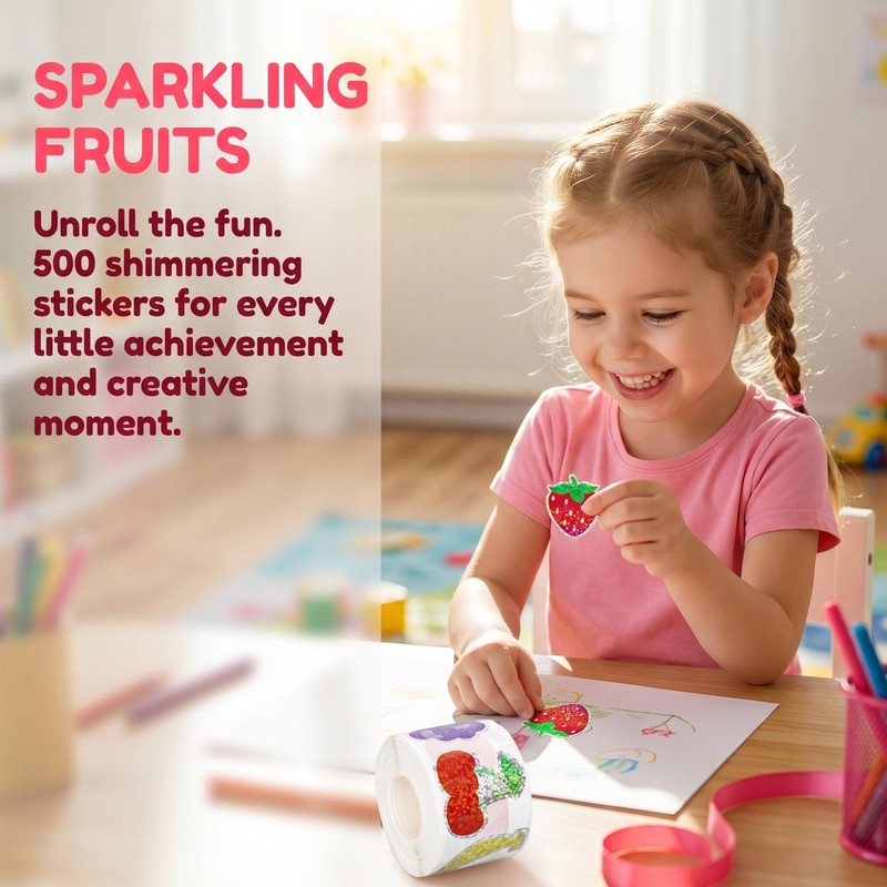 HEYTRCO 500Pcs Glitter Fruit Stickers Roll, 12 Holographic Sparkle Designs