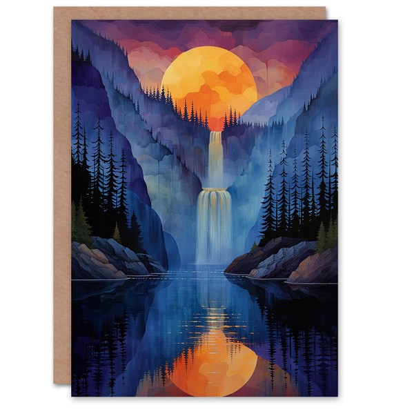Artery8 Birthday Card Cascading Waterfall New Zealand Forest Sunset Blank