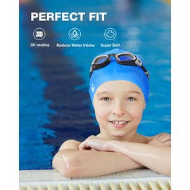 ZIONOR G1MINI Swimming Goggles Children's Swimming Cap, Polarised Anti-Fog UV Protection Swimming Goggles for Girls and Boys (Years 8-14) (Blue Swimming Cap, Black/White, Clear/No, Polarised)