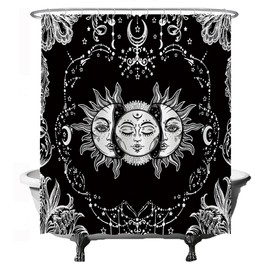 Ulticool Shower Curtain - Sun Moon Zodiac Sign Tarot Nature Bohemian - 180 x 200 cm - Anti-Mould - Washable - Waterproof - with 12 Rings - Black White