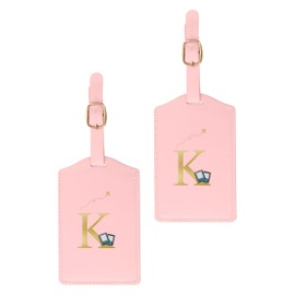 PATIKIL Initial Luggage Tags, 2 Pack Monogrammed PU Leather Baggage Tags Embroidered Letter Suitcase Label Tags Luggage Identifier for Luggage Baggage, Pink (K)