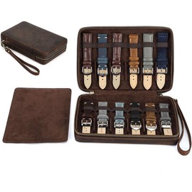 CONTACTS stuche de piel Crazy Horse para correas de reloj Funda de viaje 12 ranuras Organizador de correas premium con correa desmontable