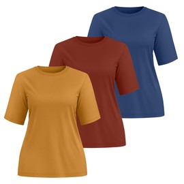 Huukeay 3 Pack Women's Half Sleeve T-Shirts, Crew Neck Elbow Length Tops Loose Casual Basic Tees Summer Cotton Tunic Tops(Orange Red, Autumn Leaf Yellow, Dark Blue,X-Large)