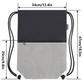 HOLYLUCK Drawstring Backpack Gym Sports Bag with Front mesh zipper Pocket 18.6" L x 13.5" W Cinch Sack String Sackpack For Men Women (black and grey)