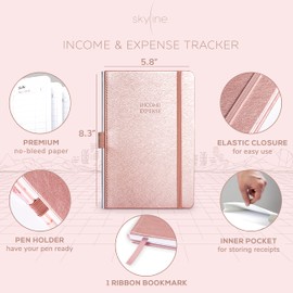 Skyline Income & Expense Tracker – Accounting Ledger Book with 1 Pocket for Receipts – Bookkeping Notebook for Business Account Records – Small Business Supplies – A5 Size, Hardcover (Rose Gold)
