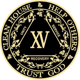 Black & Gold 1-10 Years Alcoholics Anonymous Medallion AA Coin Capsule Included (Fifteen Years)