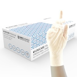 UNIGLOVES Unicare Premium Stretch Vinyl Disposable Gloves, Powder Free, Latex Free, Heavy Weight, Box of 100 Gloves, Natural, Size Large (GU0074-A)