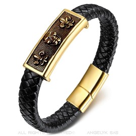 BOBIJOO JEWELRY - Bracelet VRAI Cuir Noir Tête de Mort Fleur de LYS Templier Acier Or Homme 21 cm, Leather