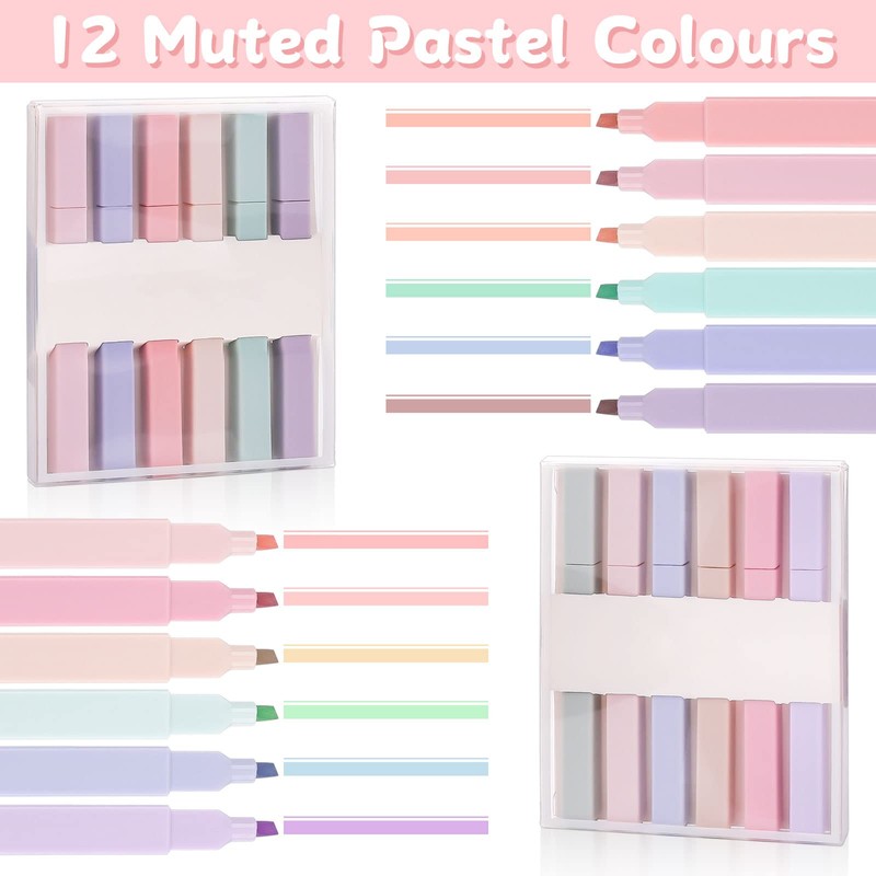 Pastel Highlighter Pen, Pack of 12, Pastel Assorted Colours, Aesthetic