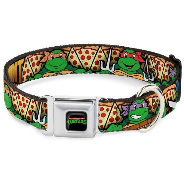 Buckle-Down Seatbelt Buckle Dog Collar - Classic TMNT Turtle Poses/Pizza Slices - 1" Wide - Fits 11-17" Neck - Medium