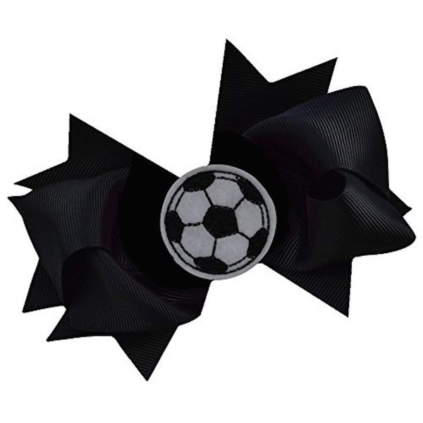 SOCCER BALL BOW Girls 4.5 Inch Grosgrain Soccer Hair Bow with Embroidered Soccer Ball By Funny Girl Designs (Black)