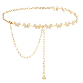 GEEHUA Women's Chain Belt, Butterfly Waist Belt, Alloy with Rhinestones, Fashionable Link Chain Belt for Girls and Women, Jeans Dresses, gold