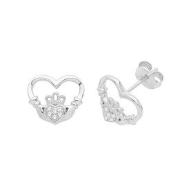 Stylish Rhodiumed 925 Sterling Silver Ladies Heart Claddagh Stud Earrings with Cubic Zirconia/CZ - 10mm*11mm WJS30792
