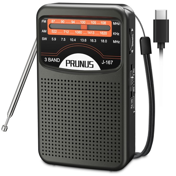 PRUNUS Portable Radio AM FM with Rechargeable Battery, Earphone Jack,