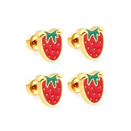 Strawberry Earrings for Women, 2 Pairs Cute Sweet Strawberry Gold Plated Tiny Stud Earrings Hypoallergenic Stainless Steel Fruits Earrings for Teen Girls Jewelry Gifts (Strawberry)