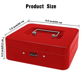 Steel Cash Box with Combination Lock, Metal Small Money Organizer with Removable Money Tray,Cash Storage Box with Lockable Cover (Red - 9.8" x 7.9" x 3.3")