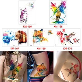 Glaryyears Watercolor Fox Temporary Tattoos, 5 Pack Large Fake Long Lasting Tattoo Stickers for Adults Women Men Makeup, Animal Deer Hummingbird Cat Polar Bear on Body Art Decoration Rock Tumbler