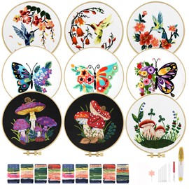 TINDTOP Embroidery Kit for Adult for Beginners, 9 Sets Hummingbird Butterfly Mushroom Flower Embroidery Kit for Beginners Include Embroidery Cloth Hoop Threads with Embroidery Skill Techniques
