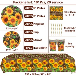 Sunflower Party Supplies - Sunflower Party Tableware - Dinner Plates Desserts Plates Cups Napkins Tablecover Straws for Floral Theme Party Baby Shower Supplies, Serves 20 (20)