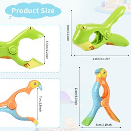 Beach Towel Clips, Sopito Jumbo Size Towel Clips for Beach Chairs Cruise Patio and Pool Accessories, Set of 4 (Green Orange Frog Parrot)