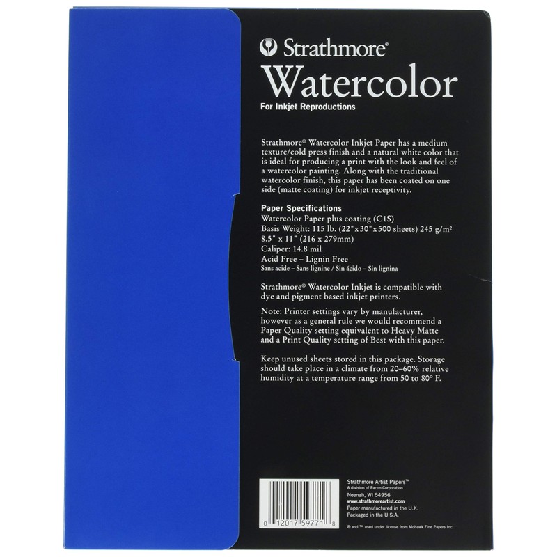 Strathmore Inkjet Watercolor Paper, 8.5x11 inches, 8 Sheets (115lb/245g) -  Artist Paper for Adults and Students - Watercolors, Mixed Media, Markers