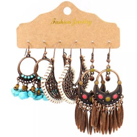 Unbranded 3 Pairs/Set Bohemian Boho Earrings Hook Drop Dangle - Teal, Brown, Feather - B#2