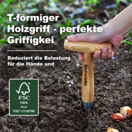 Eadwiella Flower Bulb Planter, Dibber Stick, Stainless Steel Planting Wood with Wooden Handle, Bulb Planter, Garden Tools Making Holes Planting (Total Length: 28 cm)