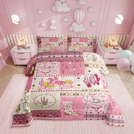Erosebridal Cowgirl Pink Western Bedding Hand Drawn Sketch Illustration Full Size Comforter Sets for Boys Girls Southwestern Hat Cactus Decor Bed Comforter Set Geometry Arrow Stripes Duvet Set