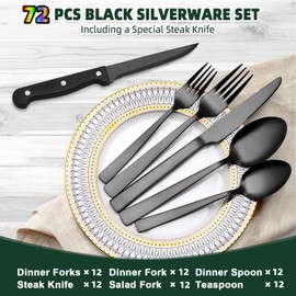 72-Piece Stainless Steel Black Silverware Set - CEKEE Flatware Kitchen Utensils Set, Cutlery Set for Home & Restaurant, Premium Knife Fork Spoon Set with Steak Knives, Heavy Duty & Dishwasher Safe