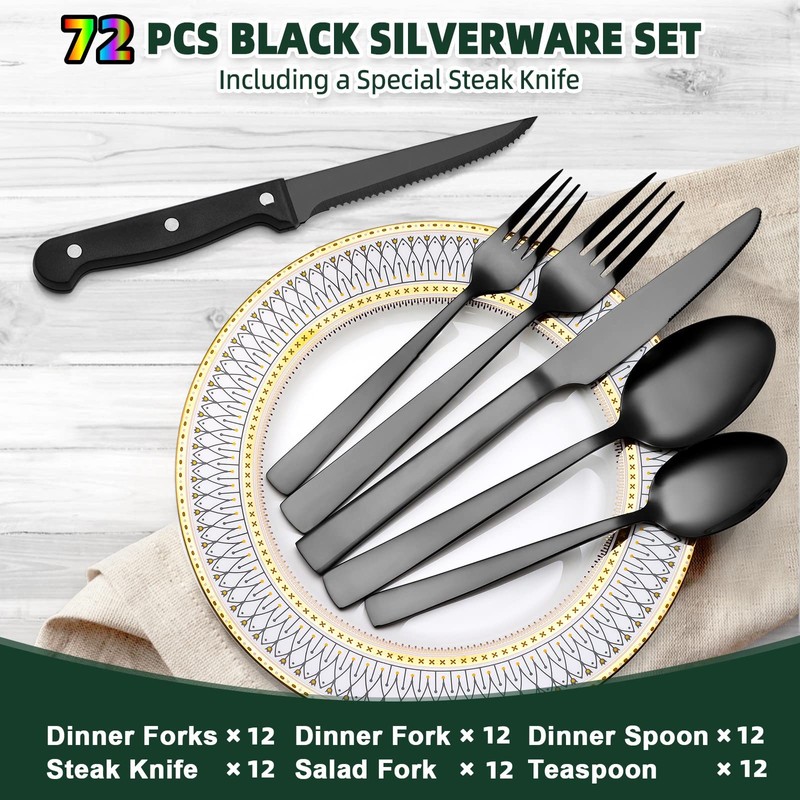 72-Piece Stainless Steel Black Silverware Set - CEKEE Flatware Kitchen