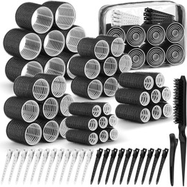 Tubos Rulos Autoadhesivos para Cabello Sin Calor - Set Profesional de 65 Piezas con 5 Tamaños (2.5-5.5cm) - Incluye Pinzas, Cepillo Volumizador y Bolsa de Viaje - Rizados Duraderos y Cero Daño para Todo Tipo de Cabello (Negro)