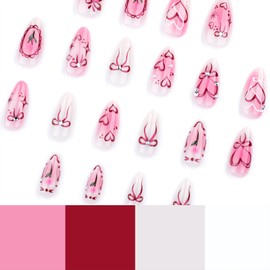 Bow Press on Nails Medium Almond Fake Nail with Rhinestones Flowers Designs Red Heart False Nails Full Cover Stick on Nail Pink Gradient Glue on Nails Acrylic Artificial Nail for Women 24 Pcs